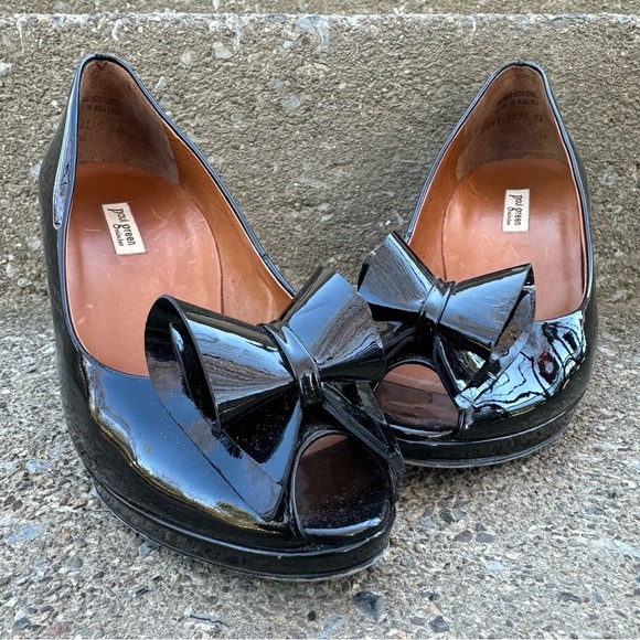 Paul Green Black Patent Leather Heels Pumps Peep Toe Bow Detail - Picture 6 of 7